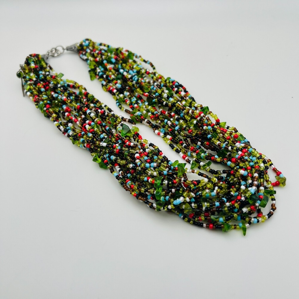 Coldwater Creek Pendant Necklace Multicolor Beaded Boho Artisan Silver Tone